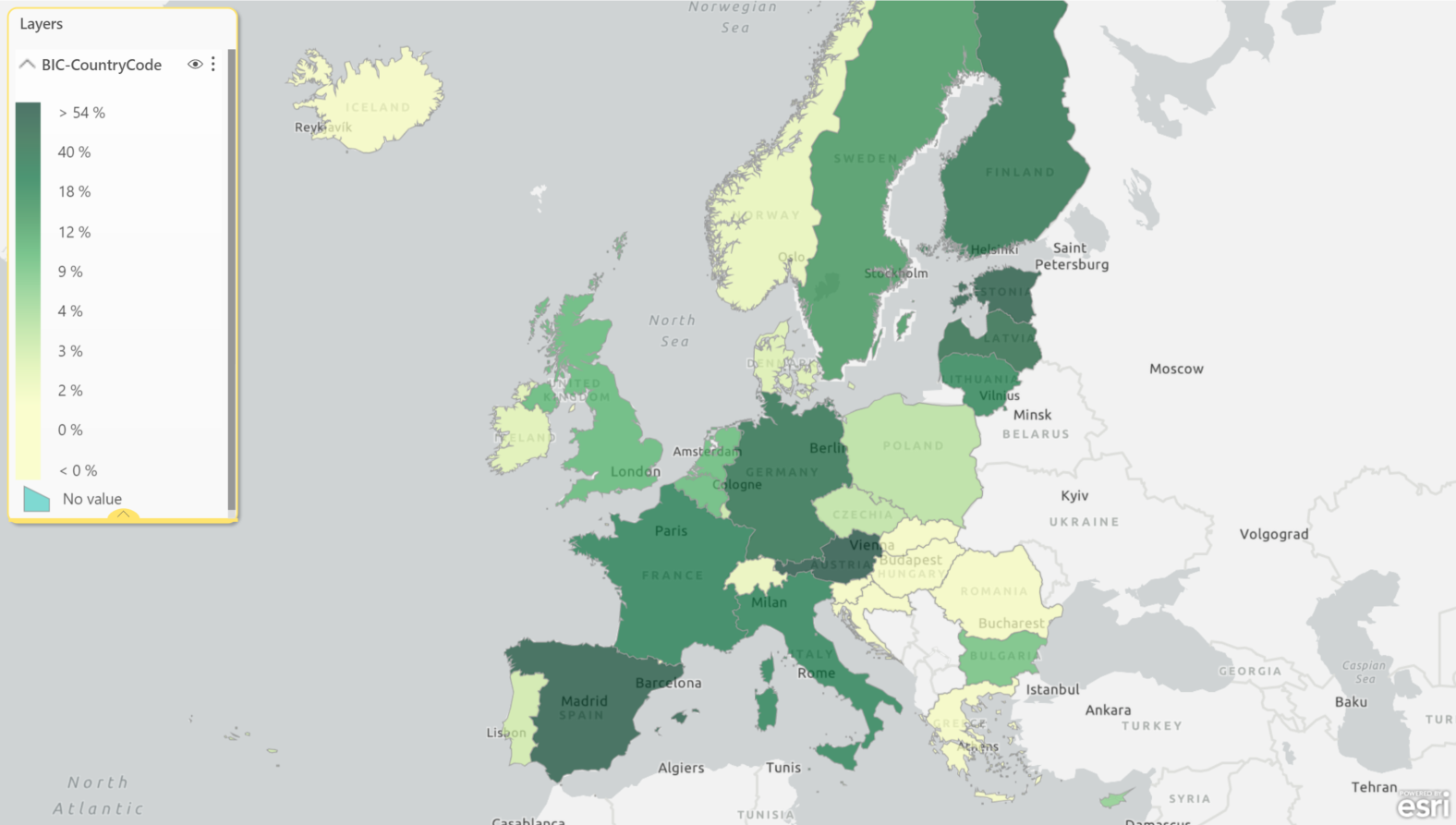 Prozent der SCL Directory gelisteteten BICs, welche pro SEPA Land an SCT Inst teilnehmen, als Karte dargestellt