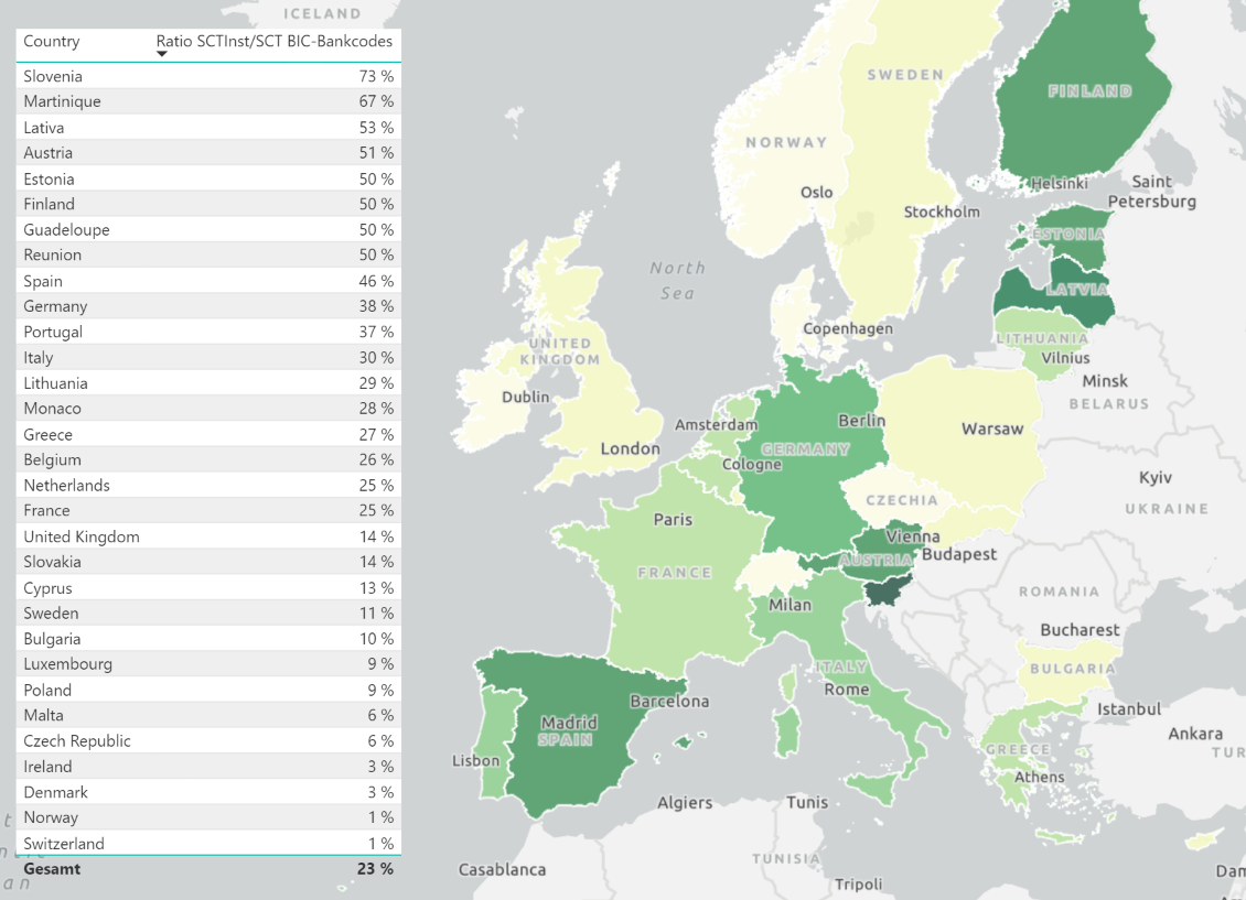 Comparison of the SCT vs. SCT Instant number of participants (counted according to unique BIC bank codes) per SEPA country in February 2022.