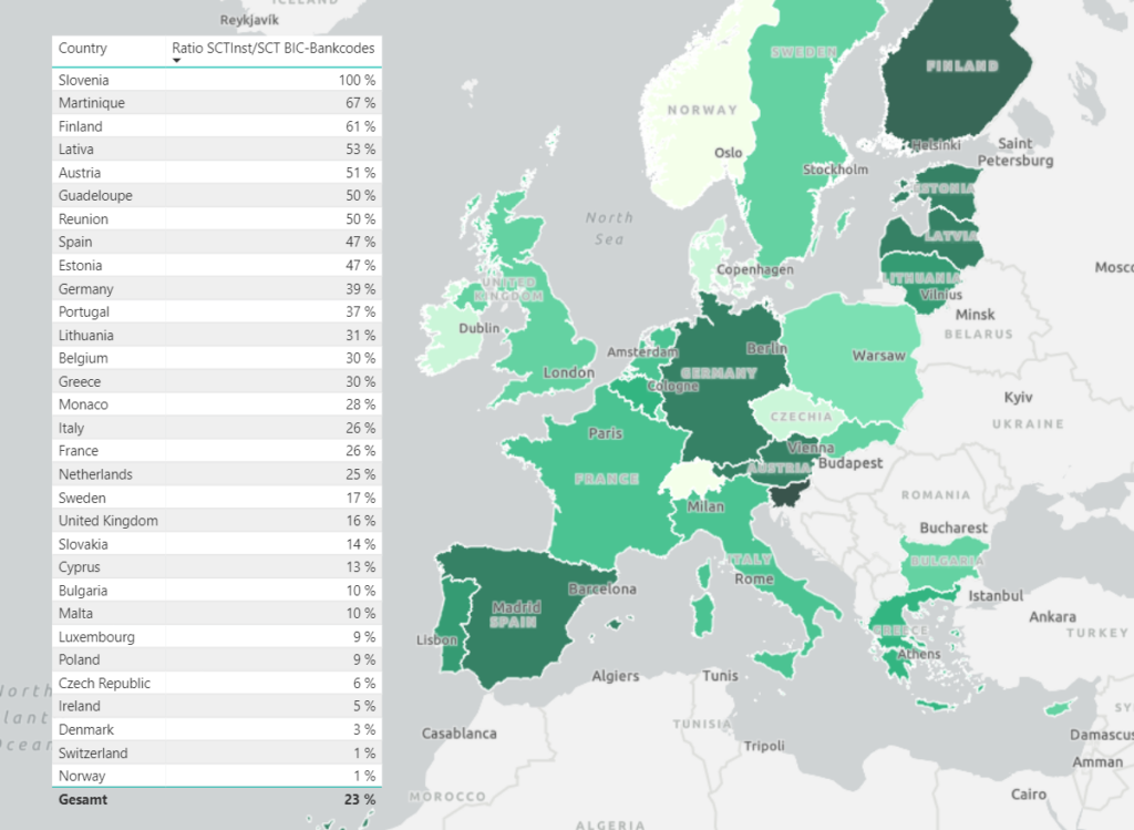 Payments via SEPA Instant: Ratio of the number of SCT Instant participants to SCT (counted by unique BIC bank codes) per SEPA country in April 2022.