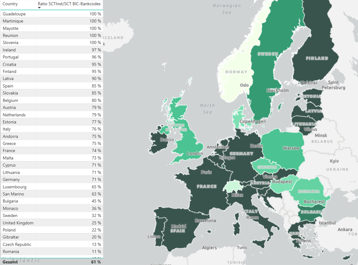 Progress SEPA Instant Payments: Ratio of the number of SCT Instant participants to SCT (counted by unique BIC bank codes) per SEPA country in October 2025