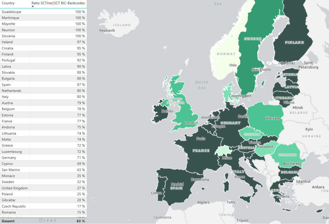 Progress SEPA Instant Payments: Ratio of the number of SCT Instant participants to SCT (counted by unique BIC bank codes) per SEPA country